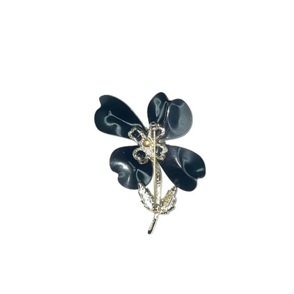 Vintage Black Enamel Dogwood Flower - Gold Tone Brooch by Sarah Coventry - Picture 3 of 5